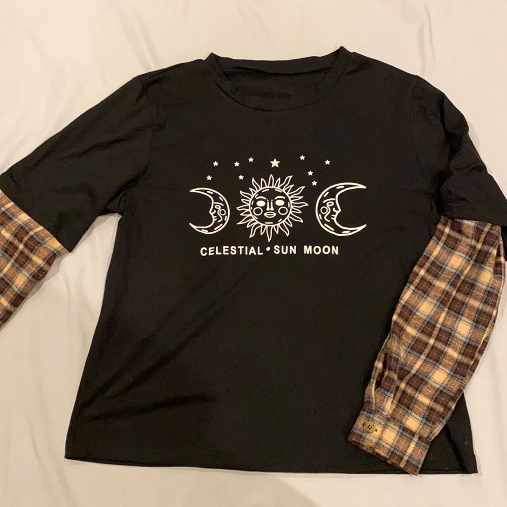 SHEIN Long Sleeve T-Shirt Celestial Plaid and Black
